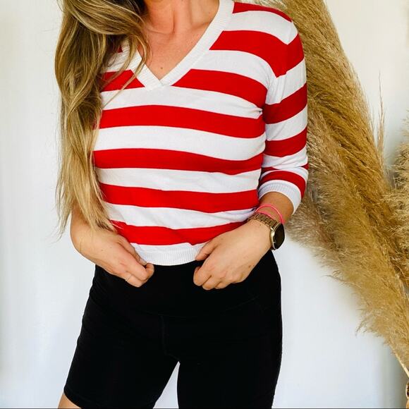Vintage Sweaters - VINTAGE H&M LOGG Red White VNeck Striped 3/4 Sleeve Cropped Pullover Sweater M